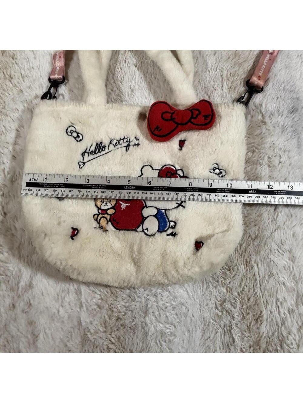Sanrio Hello Kitty Plush Faux Fur Tote Bag Pink Strap Apple Teddy Bear - Picture 8 of 8